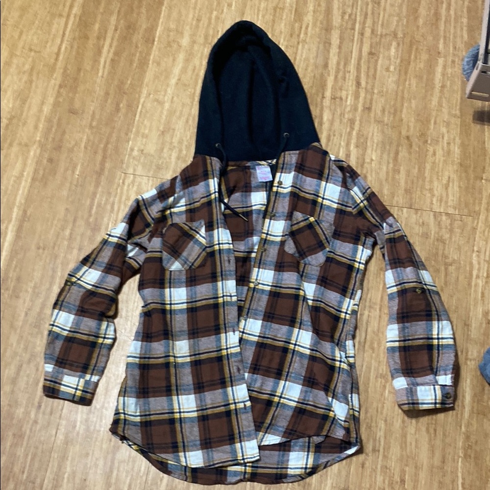 Plaid Brown and Black Kids Hooded Shirt
